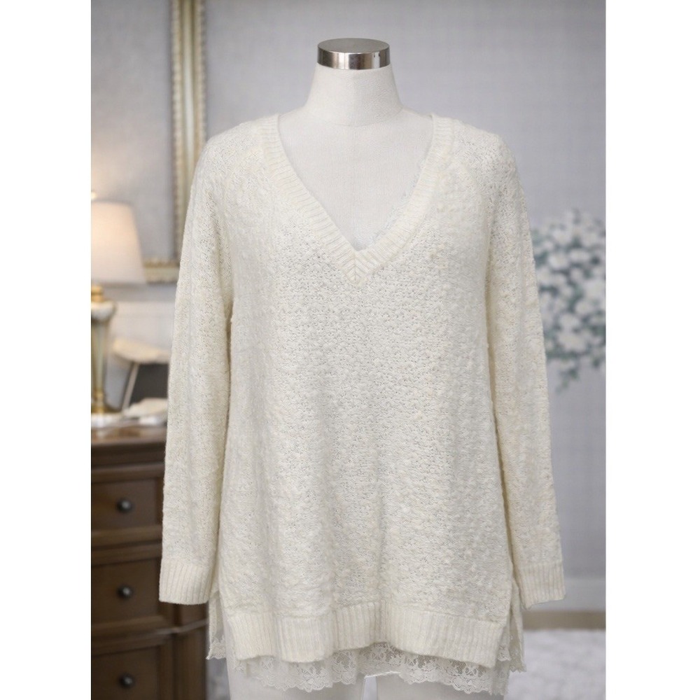 Knitted & Knotted Tunic Sweater‎ Knit Pullover Cream Lace Hem Detail Size Small